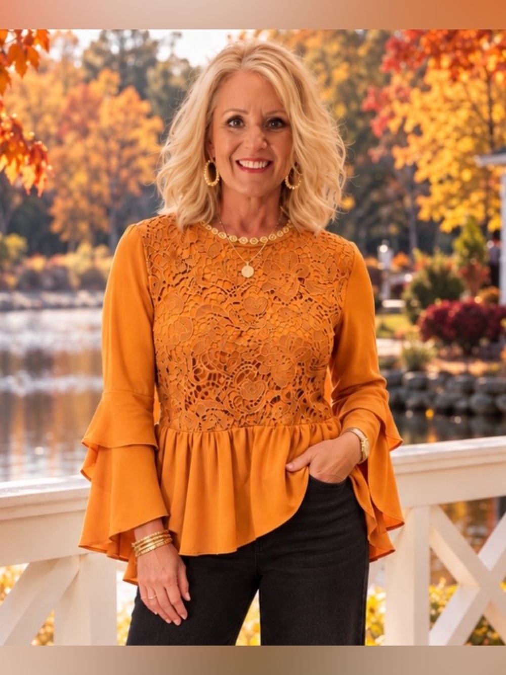 JODIFL Orange Lace Peplum Blouse Small NWT